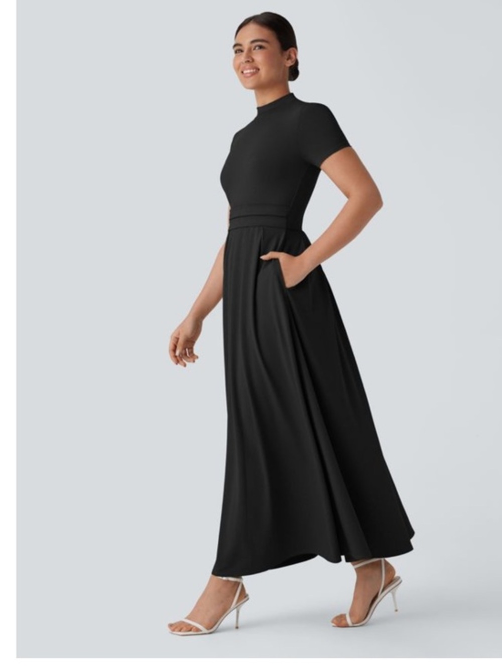 Women's Black Short-Sleeve Maxi Dress with Pockets